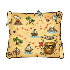 Embark on an exciting treasure hunt adventure with this vintage pirate map, featuring islands, ships, and a chest overflowing with gold coins and jewels.