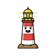 Whimsical cartoon lighthouse with a cheerful face beaming bright guiding light on a clear day
