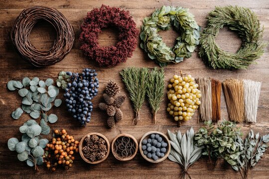 Autumn wreath craft supplies with berries, pinecones and twine on wooden table. Collection of fall wreath-making supplies: grapevine bases, faux leaves, pinecones, berries, ribbons