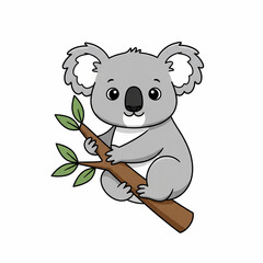 Adorable cartoon koala clinging to a tree branch with green leaves, perfect for children's books and playful designs