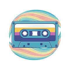 Retro cassette tape with a vibrant, swirling rainbow background, evoking 80s and 90s nostalgia.