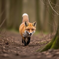 Vibrant Red with Direct Eye Contact, Walking on a Woodland Path in a Natural Forest Setting