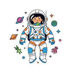 Whimsical astronaut exploring vibrant cosmos with friendly aliens and distant planets, igniting imagination and adventure