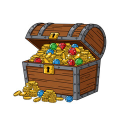 Unlock untold riches with this overflowing treasure chest brimming with gleaming gold coins and sparkling precious gems, a symbol of ultimate wealth and discovery.