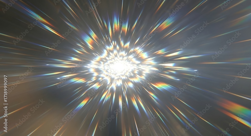 Poster stunning rainbow light bursts from a central source creating a vibrant, dynamic effect perfect for a