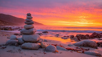 Colorful Sunset Over Rocky Beach with Stone Cairn