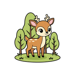 Adorable cartoon fawn standing in a lush green forest with stylized trees, perfect for children's books and nature themes