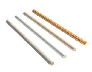 Four cylindrical tubes, varying in color and material,  are arranged diagonally, showcasing subtle sheen and slight diameter differences