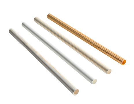 Four cylindrical tubes, varying in color and material,  are arranged diagonally, showcasing subtle sheen and slight diameter differences