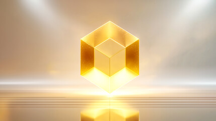 Futuristic glowing cube structure with golden light, geometric symmetry, and minimal background. Ideal for tech branding, abstract design, or digital art concepts.
