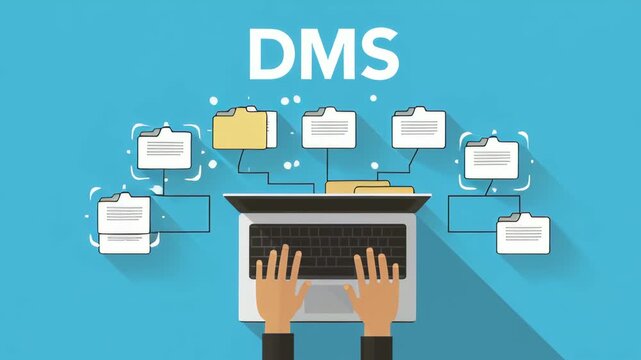 Document management system DMS. Folder structure and classification system. File and folder icons. Businessman using laptop computer for controlling document versions.