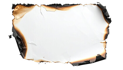 A sheet of white paper with a burnt edge.  The paper is slightly creased and the edges are charred, displaying a warm brown color