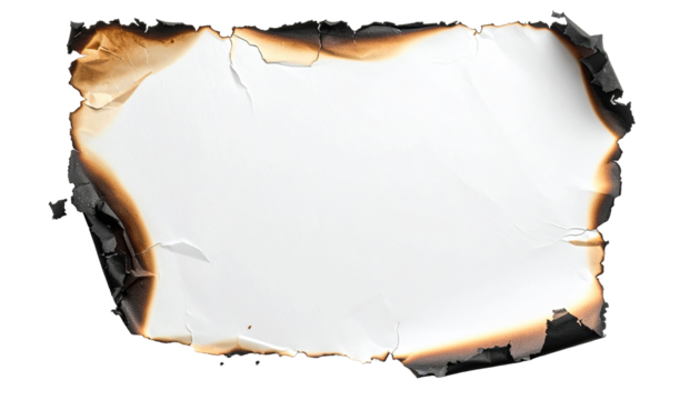 A sheet of white paper with a burnt edge.  The paper is slightly creased and the edges are charred, displaying a warm brown color