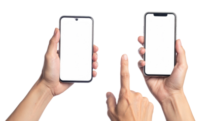 Two smartphones held by hands, blank screens, isolated.  Hands are positioned in a way to show interaction with the screens