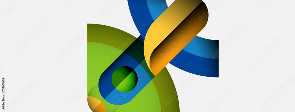 Poster abstract design features colorful ribbons, circles. gradient shades create dynamic visual impact. mo