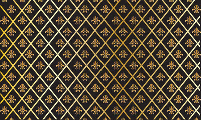 Seamless geometric fleur de lis pattern. Colorful seamless fleur de lis pattern with repeating golden motifs on a black background, ideal for decoration and design. Pattern design. © KD Vector Studio