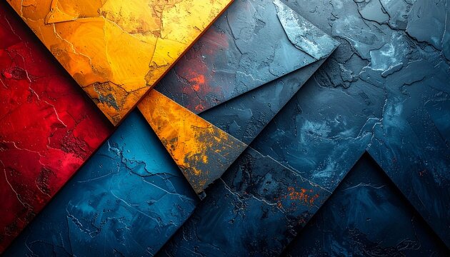 Colorful triangular pyramid landscape background with bold blue, yellow, and red tones. Geometric pattern with high contrast, creating a vibrant, eye-catching, and modern abstract design. Dynamic art