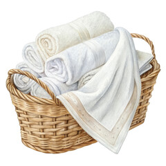 Watercolor basket filled with rolled white towels isolated on a transparent background woven wicker