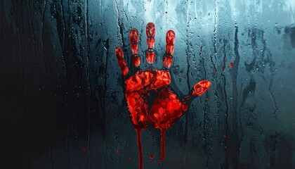 Eerie horror-themed image with red bloody handprint on misted glass dark moody background and condensation streaks for thriller suspense and atmospheric lifestyle visuals