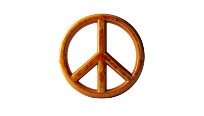 A 3D rendered peace symbol, amber-hued, with a slightly glossy, textured surface against a black background