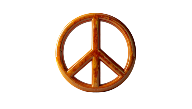 A 3D rendered peace symbol, amber-hued, with a slightly glossy, textured surface against a black background