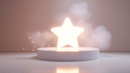 Glowing star light on a pedestal with a dreamy background, ideal for celebration, award, branding, or festive promotion. Unique lighting and minimal design for commercial use.