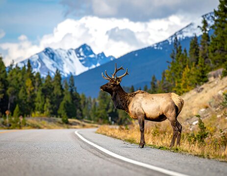Elk by the road, mountains in background - Powered by Adobe