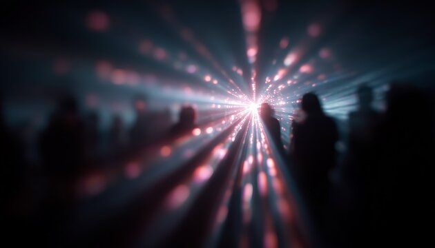 Blurred silhouettes of people immersed in dynamic, radiating light beams creating a futuristic and mysterious nightlife atmosphere.