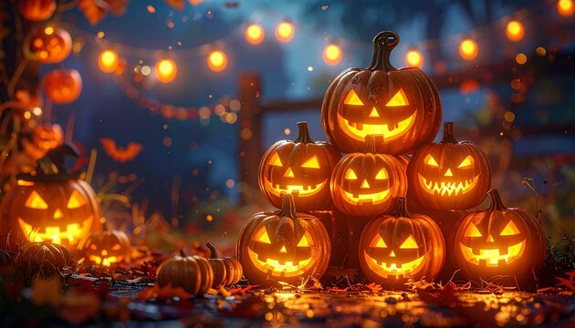 Festive Halloween scene with glowing jack-o'-lanterns carved faces autumn leaves candles lantern and twilight sky for seasonal lifestyle and atmospheric visuals
