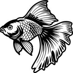 Black and white illustration of a goldfish with detailed scales and flowing fins.