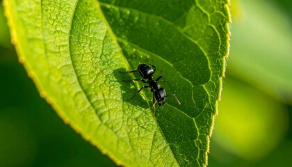 Naklejka premium Black ant on vibrant green leaf