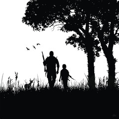 Father and son hunting together silhouette set isolated on white background