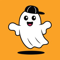 Cute Cartoon Halloween Ghost Wearing Cap Vector Illustration