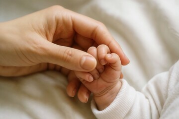 Parent holding newborn baby's hand in soft, natural light  