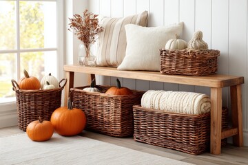 Cozy autumn home decor with pumpkins and wicker baskets by window bench. Cozy fall blankets neatly rolled and placed in wicker baskets, stacked under an entryway bench with pumpkins