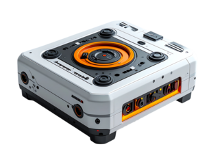 A futuristic, white, cube-shaped device with orange accents, featuring a circular, spinning element and various ports and buttons
