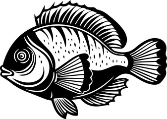 Black and white illustration of a fish with detailed fins and scales.