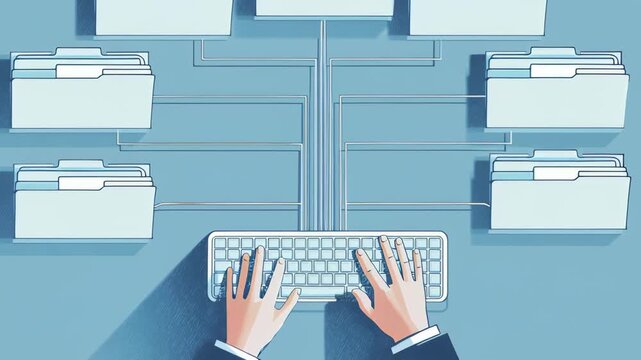 Document management system DMS. Folder structure and classification system. File and folder icons. Businessman using laptop computer for controlling document versions.