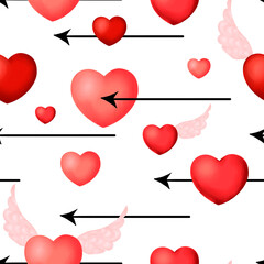 Arrows and hearts. Seamless romantic pattern of red hearts and arrows on a white background.