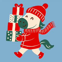 Obraz premium Cute Cartoon Horse Carrying Christmas Gifts