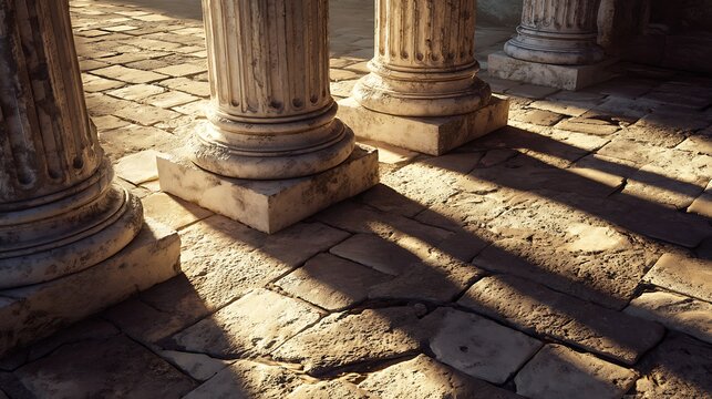 Roman house pillars on stone floor in sunlight