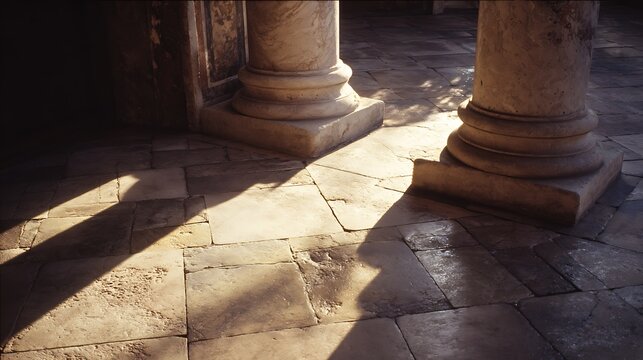 Roman house pillars on stone floor in sunlight