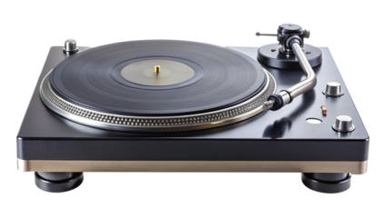 Stylish black turntable with silver accents showcasing a vinyl record on a white background