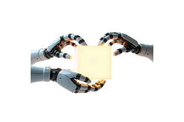 Two robotic hands holding a glowing cube isolated on transparent background