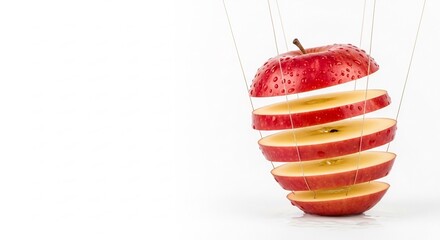 Levitating Sliced Red Apple with Water Droplets Suspended by Thin Threads