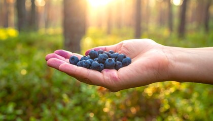 Handful of blueberries in forest
