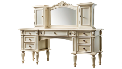 Elegant antique vanity dressing table with mirror and storage cabinets on white