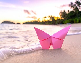 Pink Origami Butterfly on Sandy Beach at Sunset with Gentle Waves