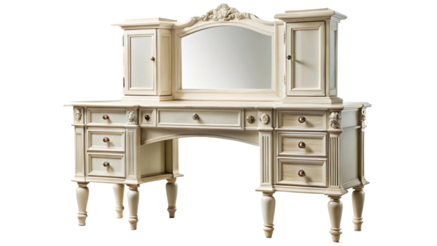 Elegant antique vanity dressing table with mirror and storage cabinets on white