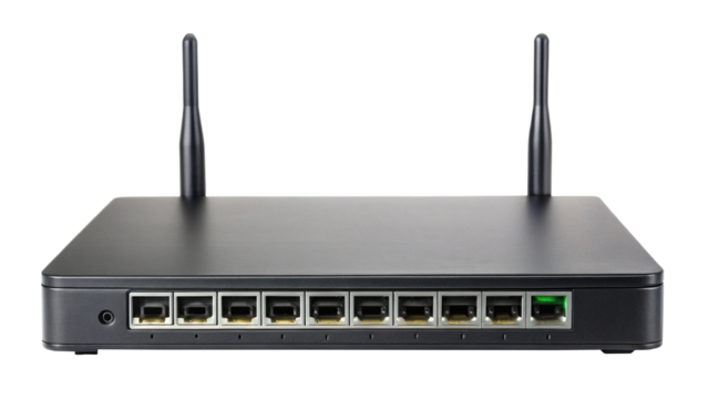 Close up of a black wireless router with multiple ethernet ports